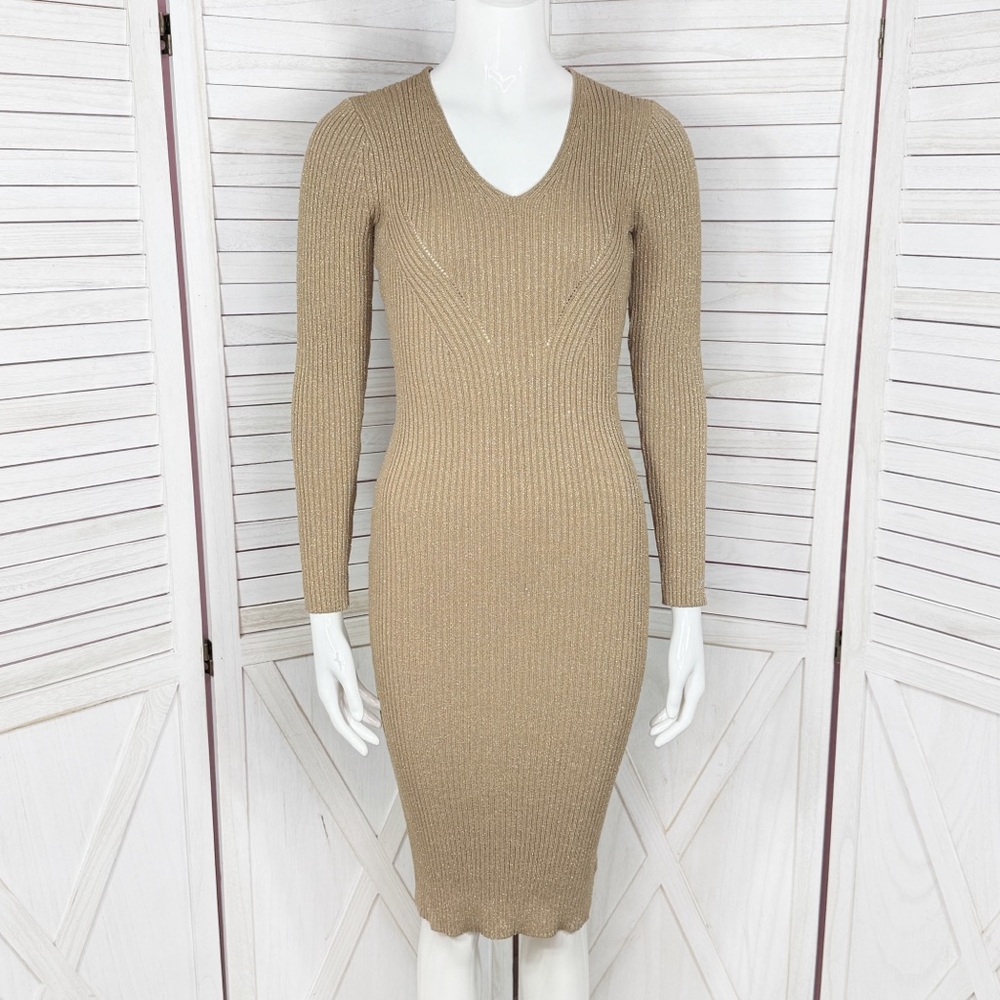 Michael Michael Kors Metallic Ribbed V‎ Neck Sweater Sheath Dress Gold XXS